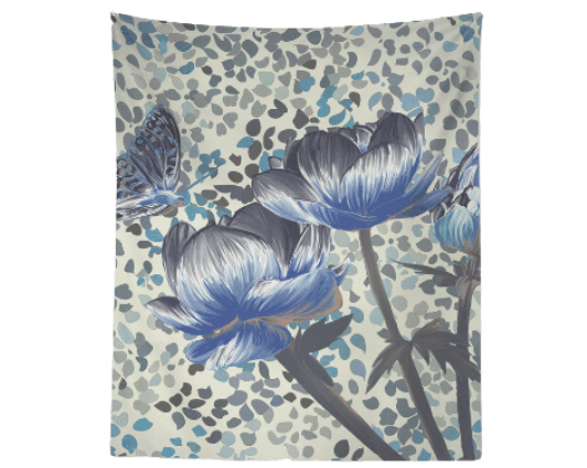 Blue and Grey Butterfly with Roses 80" x 68" Hanging Wall Tapestry