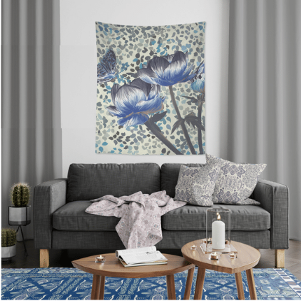 Blue and Grey Butterfly with Roses 80" x 68" Hanging Wall Tapestry