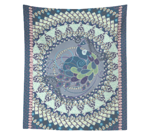 Shades of Blue Peacock Mandala 80" x 68" Hanging Wall Tapestry