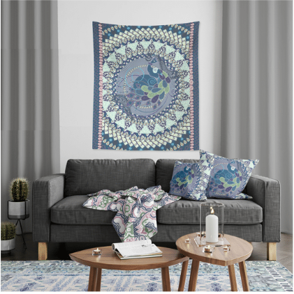 Shades of Blue Peacock Mandala 80" x 68" Hanging Wall Tapestry