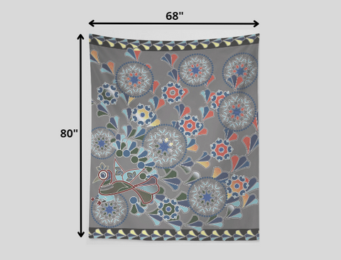 Gray Peacock and Flowers 80" x 68" Hanging Wall Tapestry