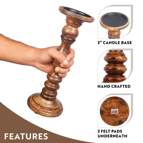 Set of Three Warm Brown Genuine Wood Hand Carved Pillar Candle Holders