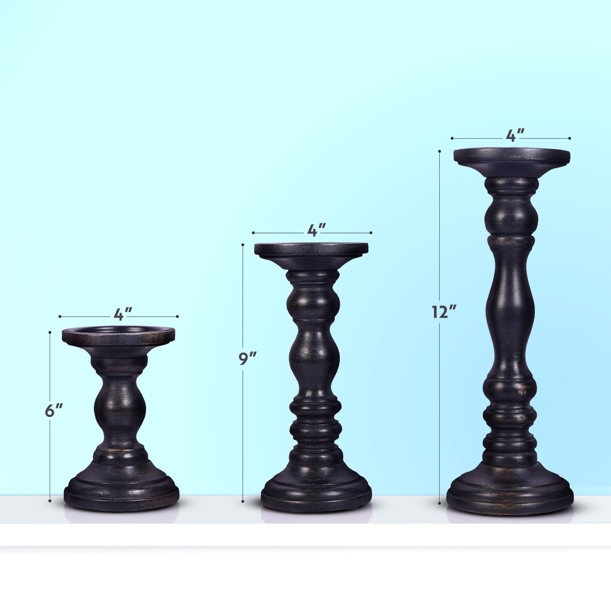 Set of Three Matte Black Genuine Wood Hand Carved Pillar Candle Holders