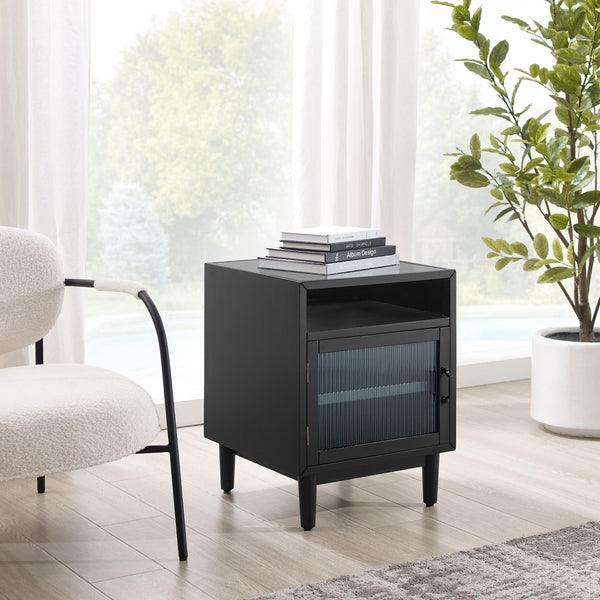 Black Wood and Glass Side Table with Storage Shelves