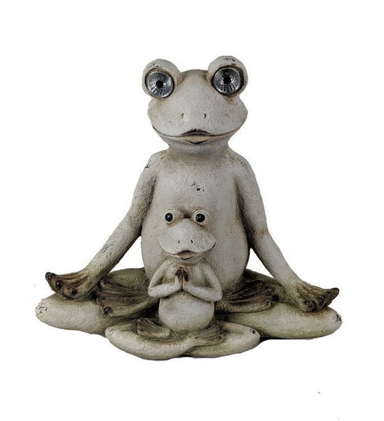 16" Antiqued White Pair of Yoga Frogs Solar Outdoor Statue