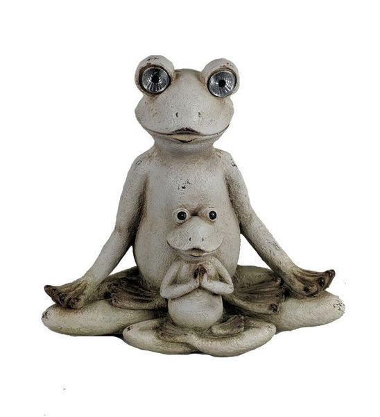 16" Antiqued White Pair of Yoga Frogs Solar Outdoor Statue