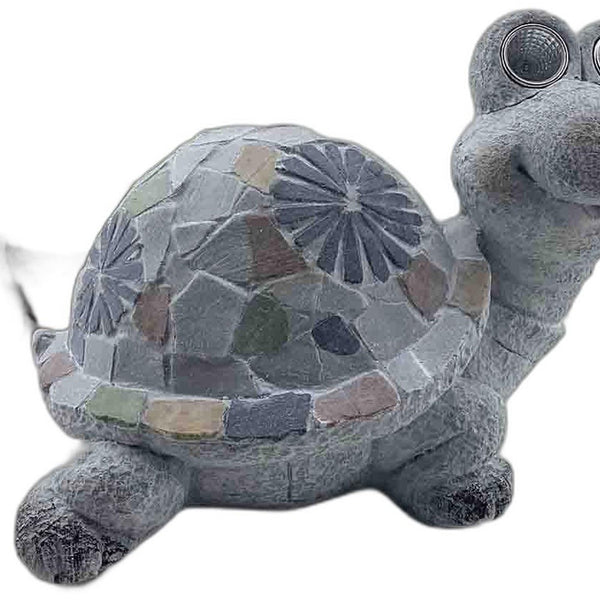 10" Gray Happy Turtle Mosaic Tile with Solar Eyes Indoor Outdoor