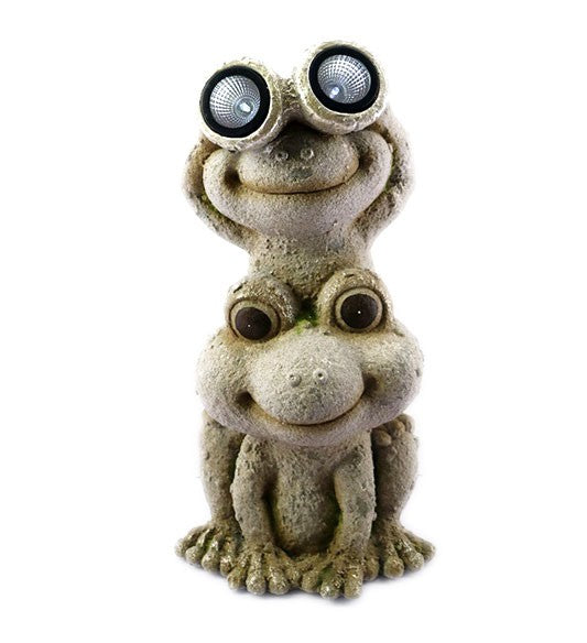 20" Two Tan Solar Eye Frogs Outdoor Statue