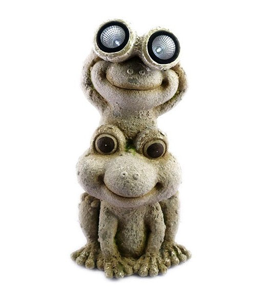 20" Two Tan Solar Eye Frogs Outdoor Statue