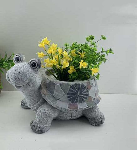 9" Gray Happy Turtle Mosaic Tile Indoor Outdoor Planter