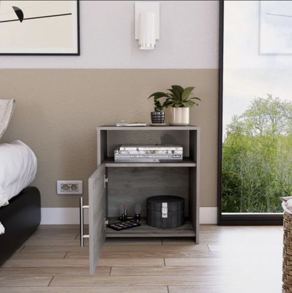 Light Gray Nightstand with One Door Panel Cabinet