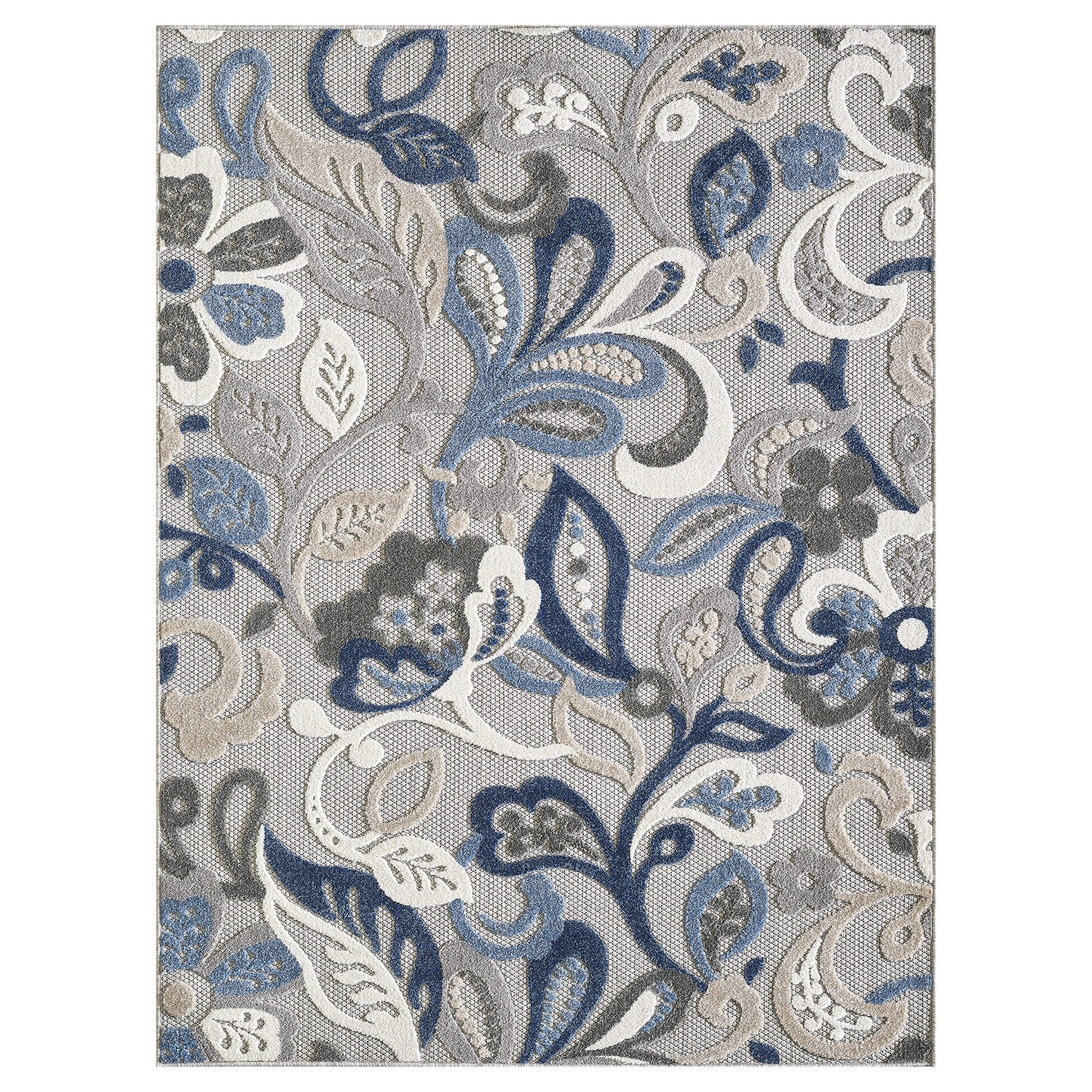 5’ x 7’ Blue Gray Jacobean Floral Indoor Outdoor Area Rug