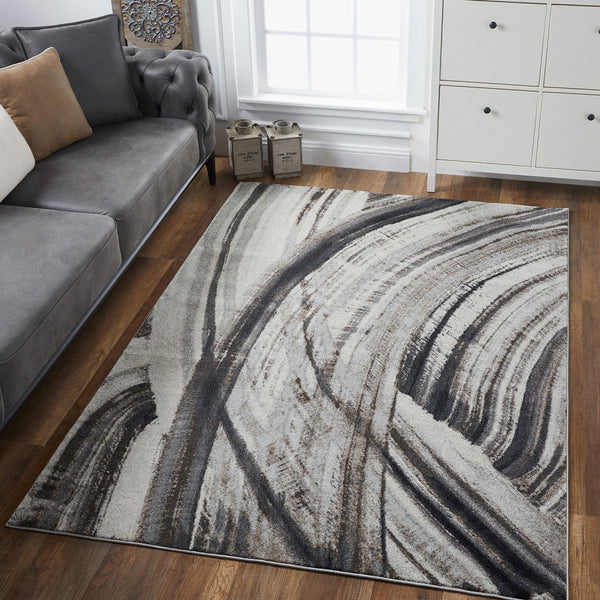 3’ x 5’ Gray Ivory Abstract Strokes Modern Area Rug