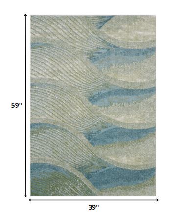 3’ x 5’ Blue Beige Abstract Waves Modern Area Rug