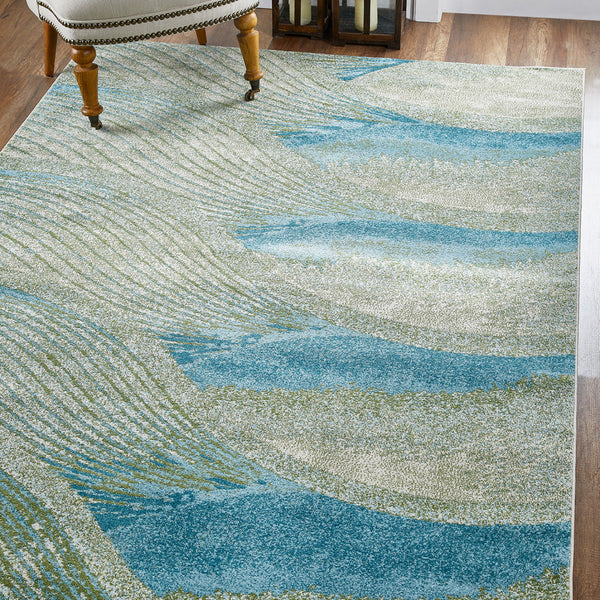 3’ x 5’ Blue Beige Abstract Waves Modern Area Rug