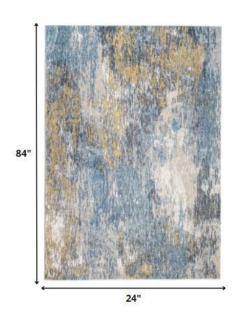 2’ x 7’ Blue Gold Abstract Painting Modern Runner Rug