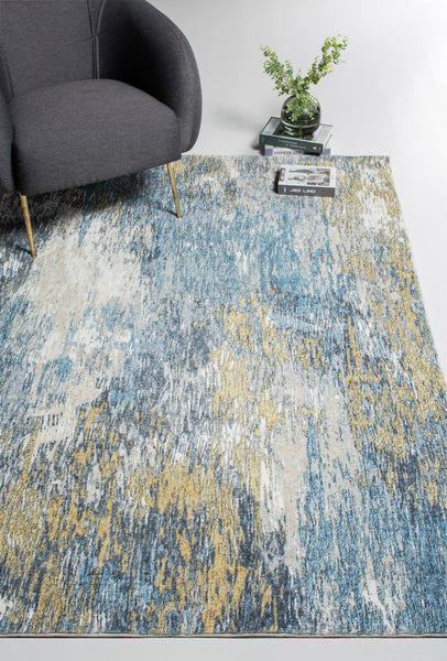 2’ x 7’ Blue Gold Abstract Painting Modern Runner Rug