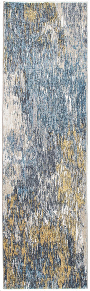 2’ x 7’ Blue Gold Abstract Painting Modern Runner Rug