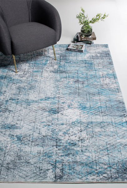 2’ x 7’ Blue Gray Abstract Cuboid Modern Runner Rug