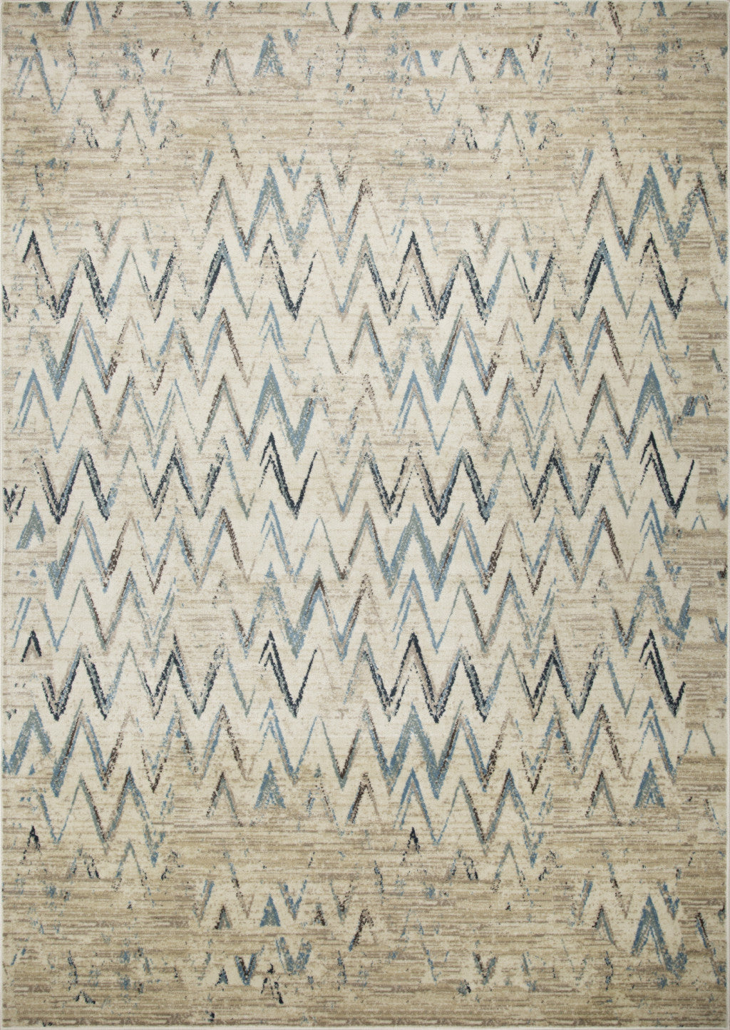 2’ x 8’ Beige Blue Distressed Chevron Runner Rug