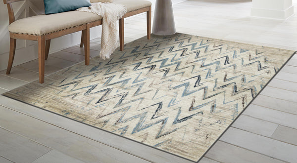 2’ x 8’ Beige Blue Distressed Chevron Runner Rug