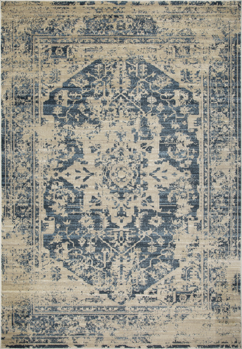 2’ x 8’ Beige Blue Distressed Medallion Runner Rug