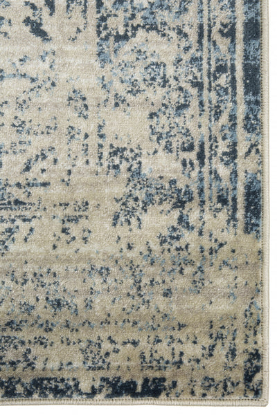 2’ x 8’ Beige Blue Distressed Medallion Runner Rug