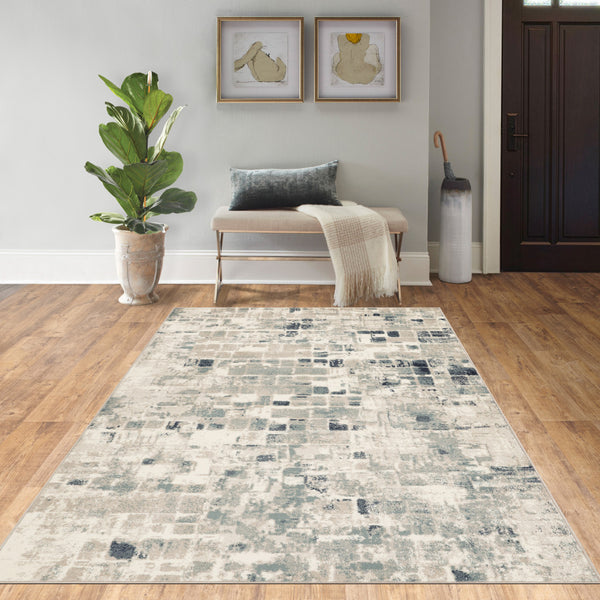 5’ x 8’ Beige Blue Abstract Tiles Distressed Area Rug