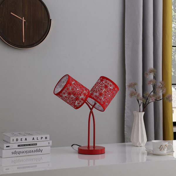 17” Red Laser Cut Floral Metal Two Light Table Lamp