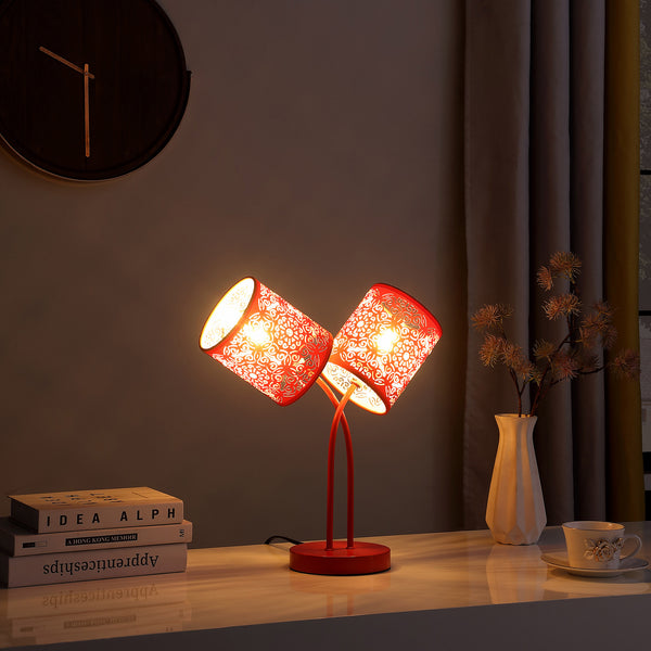 17” Red Laser Cut Floral Metal Two Light Table Lamp