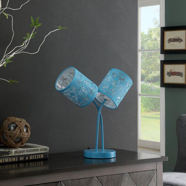 17” Blue Laser Cut Floral Metal Two Light Table Lamp