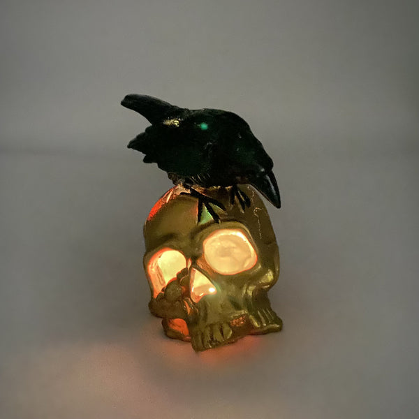 LED Gold Skull and Black Crow Sculpture