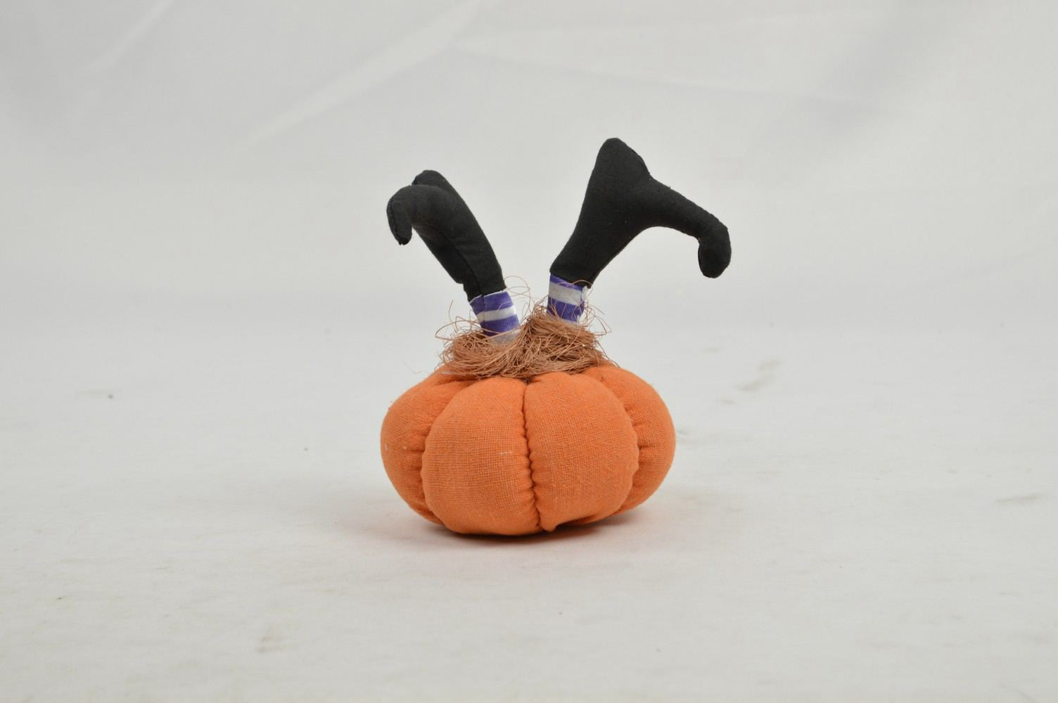 6" Orange and Purple Upside Down Witch Plush Pumpkin Sculpture