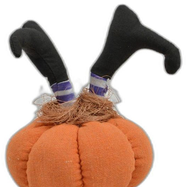 6" Orange and Purple Upside Down Witch Plush Pumpkin Sculpture