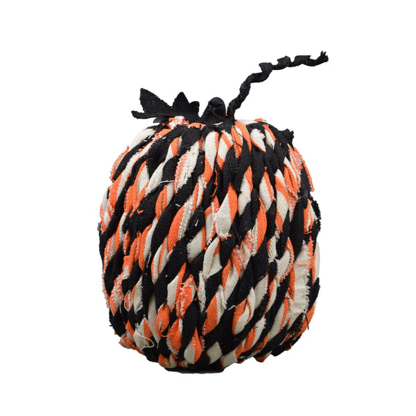 12" Orange Black and White Twisted Burlap Rope Pumpkin Sculpture