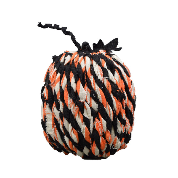 12" Orange Black and White Twisted Burlap Rope Pumpkin Sculpture