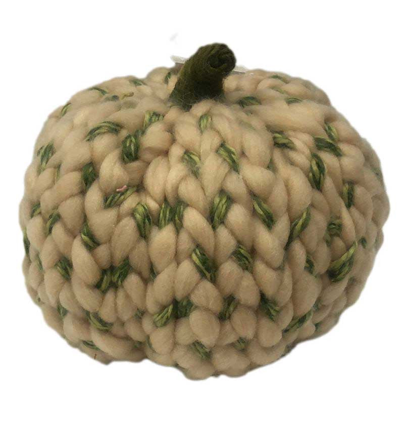 8" Ivory and Green Chunky Knit Pumpkin Sculpture