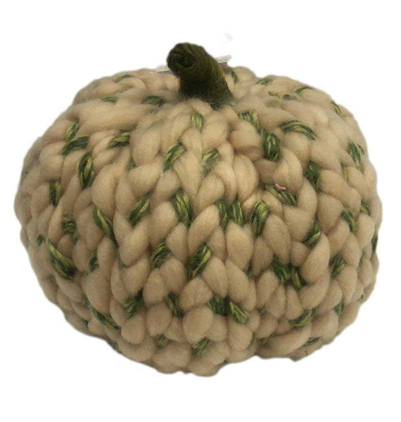 8" Ivory and Green Chunky Knit Pumpkin Sculpture