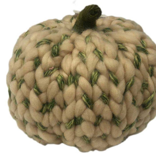 8" Ivory and Green Chunky Knit Pumpkin Sculpture