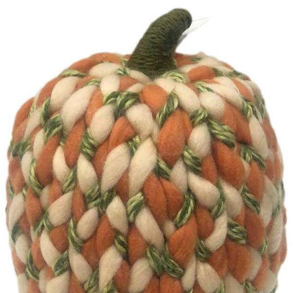 12" Ivory Green and Orange Chunky Knit Pumpkin Sculpture