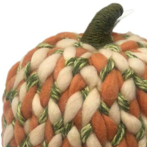 12" Ivory Green and Orange Chunky Knit Pumpkin Sculpture