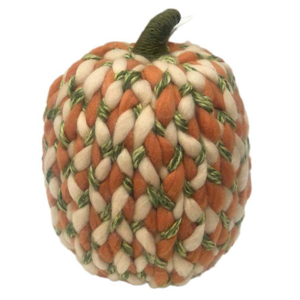 12" Ivory Green and Orange Chunky Knit Pumpkin Sculpture